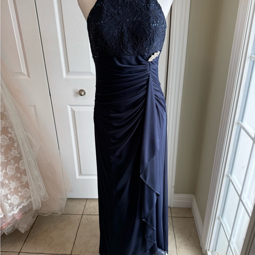 Betsy & Adam Midnight Blue Lace Prom Dress